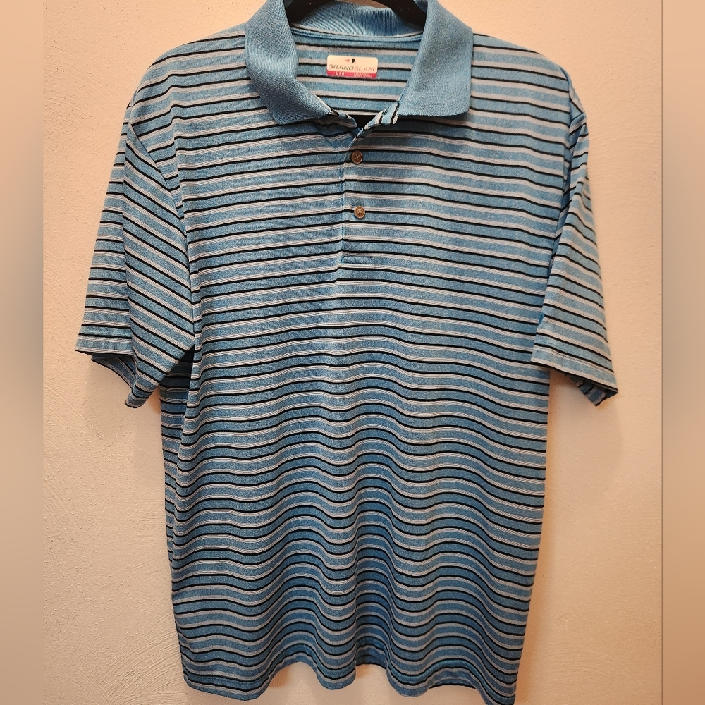 Grand Slam Mens Blue Striped Golf Polo Shirt Size L